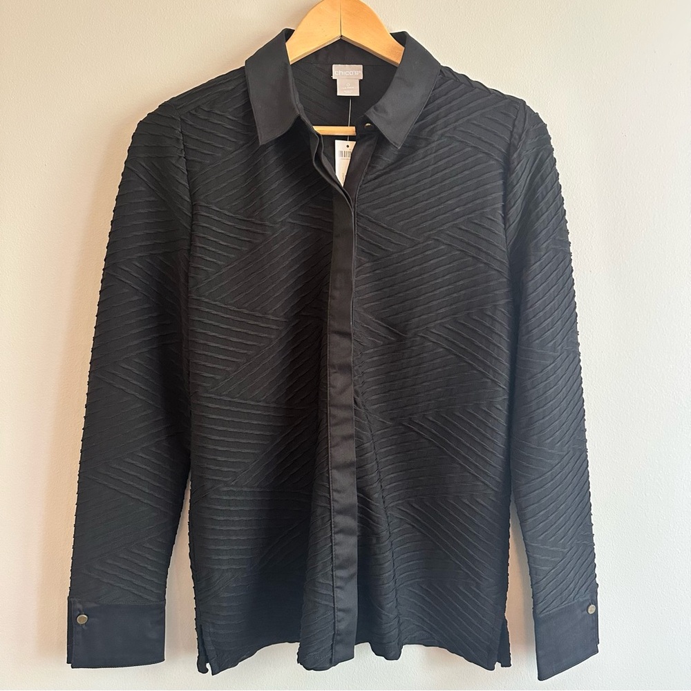 NWT Chico’s Textured Knit Button‑Down Top Women’s S Black | Long Sleeve Stretch